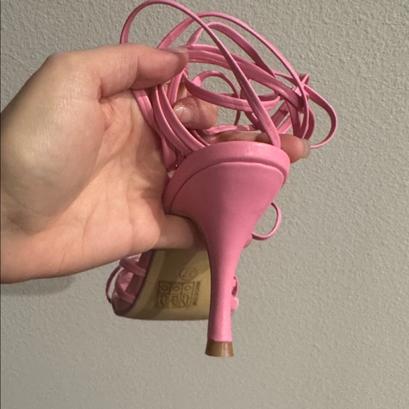 Powder Baby Pink Square Toe Wrap String Heels - Picture 4 of 6